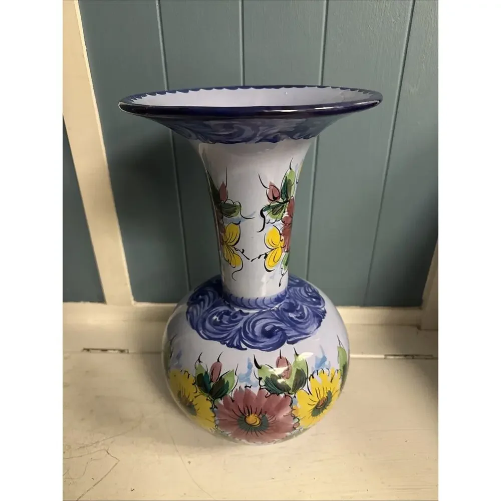 Vintage Alcobaca Portuguese Hand-painted Blue Floral Pottery Vase Large 16” Tall